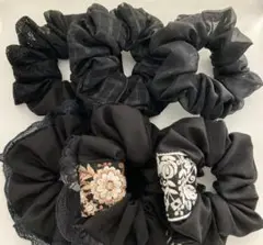 144)ハンドメイド　黒シュシュ（大6個）インド刺繍リボン