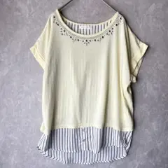 THE SHOP TK 半袖カットソー 異素材ドッキング レイヤード ビジュー