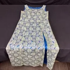 246-13 グリーン×ブルー 花柄刺繍ノースリーブロングドレス