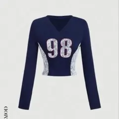 シーイン　ネイビーブルーレーススポーツTシャツ　クロップド丈　ミニ丈のサムネイル