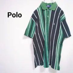 ◇ポロ【L】ポロシャツ　長袖　ボーダー柄　ワンポイント　刺繍　コットン100%