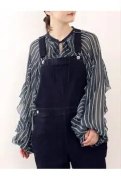 美品　イエナ　シャツ　ブラウス　リボン　ストライプ　フリル　22年　シェルボタン 美品 イエナ シャツ ブラウス リボン ストライプ フリル シェルボタン