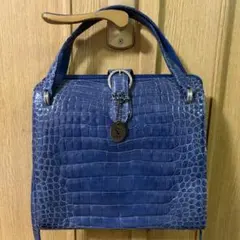 【JRA認定】美品 クロコダイル 2WAYバッグ ブルー センター取り 本革