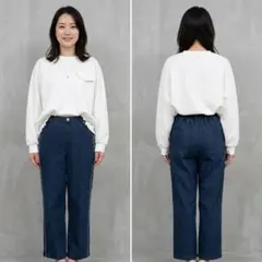 新品 未使用 ダークブルー ストレート デニム パンツ ゴムウェスト