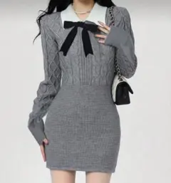 SHEIN ニット ワンピース リボン 襟付き グレー L