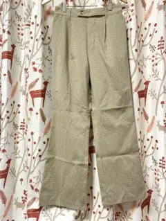 新品　チェック柄　セミフレアパンツ　ベージュ系　ウエストゴム　L