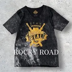 ROCKY ROAD USA古着 半袖プリントTシャツ 藍染 盾 剣 M (L)