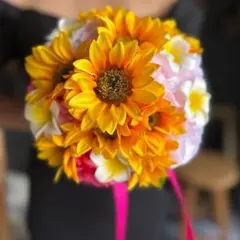 ひまわり×ピンク×プルメリアラウンドブーケ☆ブートニア