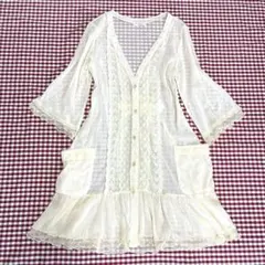 美品　axes femme アクシーズ　レースカーディガン 五分袖 アイボリーのサムネイル