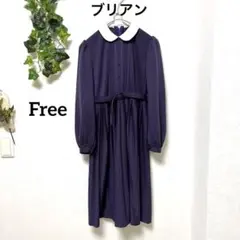 美品【ブリアン】レトロワンピース 紫 白襟 日本製 ベルト付 フリー