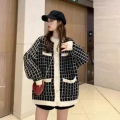 【F】ツイードニットカーディガン ボレロ 長袖 カーディガン チェック柄 厚手