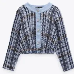 ZARA コントラストテクスチャーデニムトップス ツイード ブルー