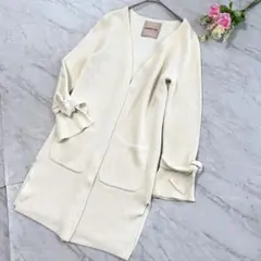 アプワイザーリッシェ リブ編みロングカーディガン リボン袖 白Mバレエコア上品