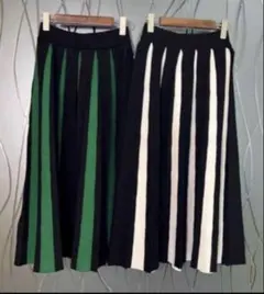 グリーン　ストライプ プリーツ　ロングスカート　レディース　秋冬　プリーツ