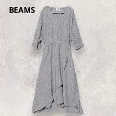 ビームスハート リネンシャツワンピース ロング M ストライプ ナチュラル