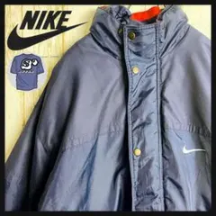 【希少デザイン】ナイキ☆両面ワンポイント刺繍ロゴナイロンブルゾン 変形フード 紺