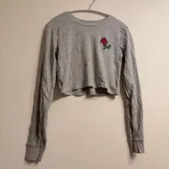 FOREVER21 グレー バラ刺繍 クロップドロングTシャツ S 海外古着