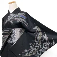 絞り　金彩　訪問着　波模様　流線　檜垣地紋　モノトーン　着物　012b p ms