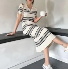 ポロ襟 ボーダー ニット ロングワンピース 半袖