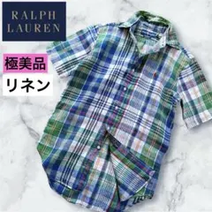 極美品　ラルフローレン　M リネンシャツ　半袖シャツ　ポニー刺繍　BD チェック
