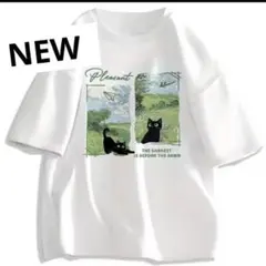 レディースネコTシャツM 黒猫イラスト 半袖Tシャツ ホワイト　新品　ねこ好きのサムネイル