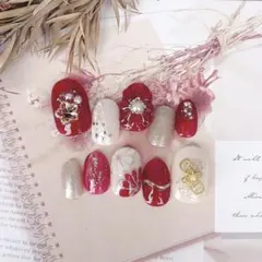 ネイルチップ 現品 振袖 袴 ぷっくりフラワー ニュアンス 淡色 花 和柄 赤