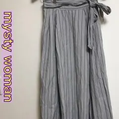 Mysty woman フレアロングスカート ストライプ ベルト付 ミモレ丈