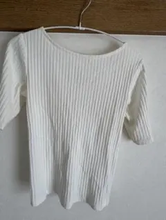 リブ編みホワイト半袖トップス