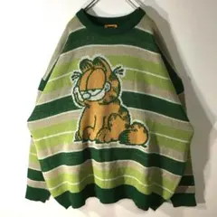 【個性派古着】長袖デザインニット　ガーフィールド　アニマル柄　ボーダー柄　黄緑L