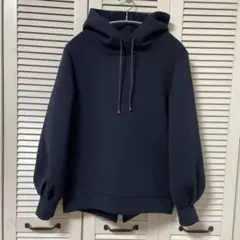 ネイビー フード付き バルーンスリーブ パーカー