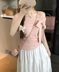 非対称ネック 半袖 ウエストマーク スリムフィットおしゃれTシャツ