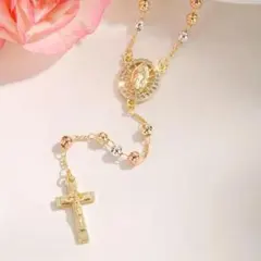クロスネックレス 十字架 ローズクォーツ ロザリオネックレス ゴールド ピンク