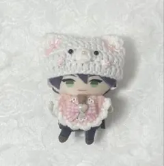 ぬい服　10cm 猫耳ニット帽、スタイセット　ハートくま　ピンク
