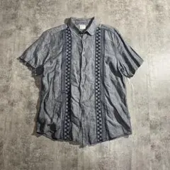 OLD NAVY 刺繍デザイン半袖シャツキューバシャツ風リネン混オールドネイビーのサムネイル