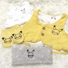 【水通しのみ】ピカチュウ モンポケ 新生児 帽子 王冠 ベスト 靴下 4点セットのサムネイル