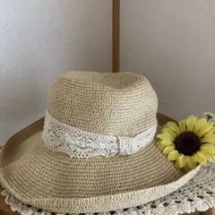 KATE☆さま専用♡レース付きペーパー麦わら帽子♡ツバ広め♡日焼け防止♡