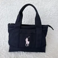 良品 ポロ ラルフローレン ミニトートバッグ ネイビー ピンク刺繍