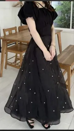 GRL オーガンジーパールフレアスカート