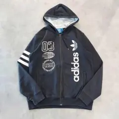 adidas アディダス ジップパーカー 古着 プリント 2XL 黒 16520
