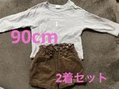 90cm 厚手ロンT コーデュロイ　ブラウン　リボン　ショートパンツ
