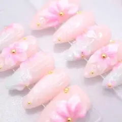 954ネイルチップSサイズ 韓国大人可愛い 立体フラワー　ピンク　グラデーション