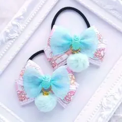 (272) ゆめかわ リボン ヘアゴム♡ ハンドメイド ハート バラ ミント