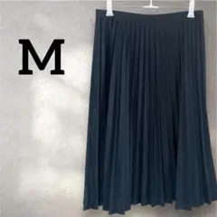 【M】黒 プリーツスカート ロング丈 ウエストゴム シンプル ブラック 無地