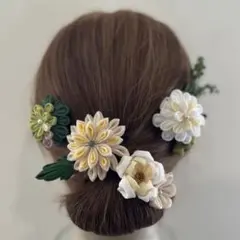 006 グリーン系お花の髪飾り つまみ細工 ウエディング 入学式 卒業式 洋装