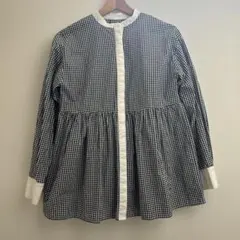 ギンガムチェック　長袖ノーカラーブラウス　チュニック