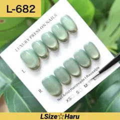 【L-682】ミントグリーンマグネット×極細ゴールドフレンチ♡ネイルチップ［L］