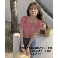 SEU ツイード風ニットトップスサマーニットとスカートのセットアップ韓国風黄色