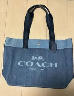 COACH デニムキャンバスアベニュートートバッグ ブルー＆コーラル 
