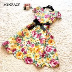 美品✨エムズグレイシー　ワンピース　花柄　チェック　リボンベルト　38 M 美品✨エムズグレイシー ワンピース 花柄 チェック リボンベルト 38 M