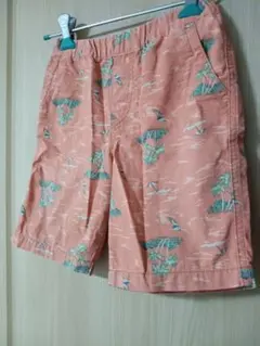 【子ども服】オレンジ色 海と鳥のプリント ハーフパンツ　120サイズ